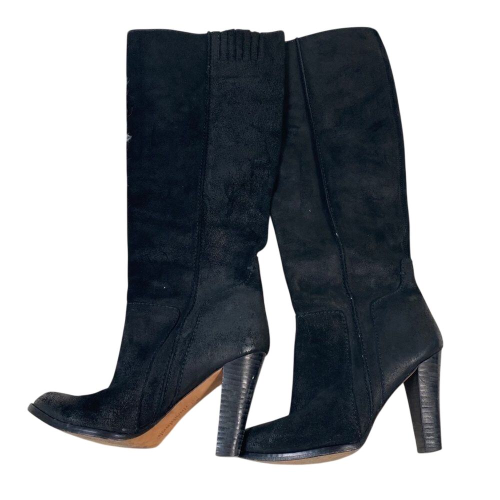 Vintage Dani Black Suede Boots Heels sz 7.5 Distressed # Bag F-28